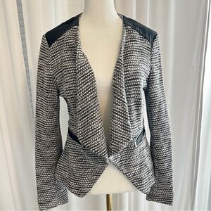 H&M Black White Boucle Pleather Accented Draped Moto Blazer Size 8